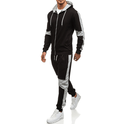 Mens Casual Sport Patchwork Hit Color Running Pants Hooded Fashion Suit