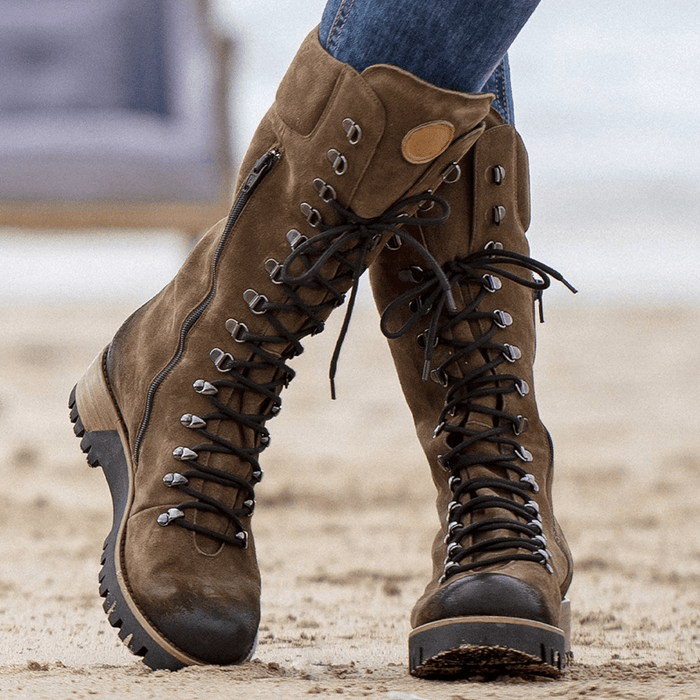 Plus Size Women Wearable Suede Side Zipper Mid Calf Combat Boots